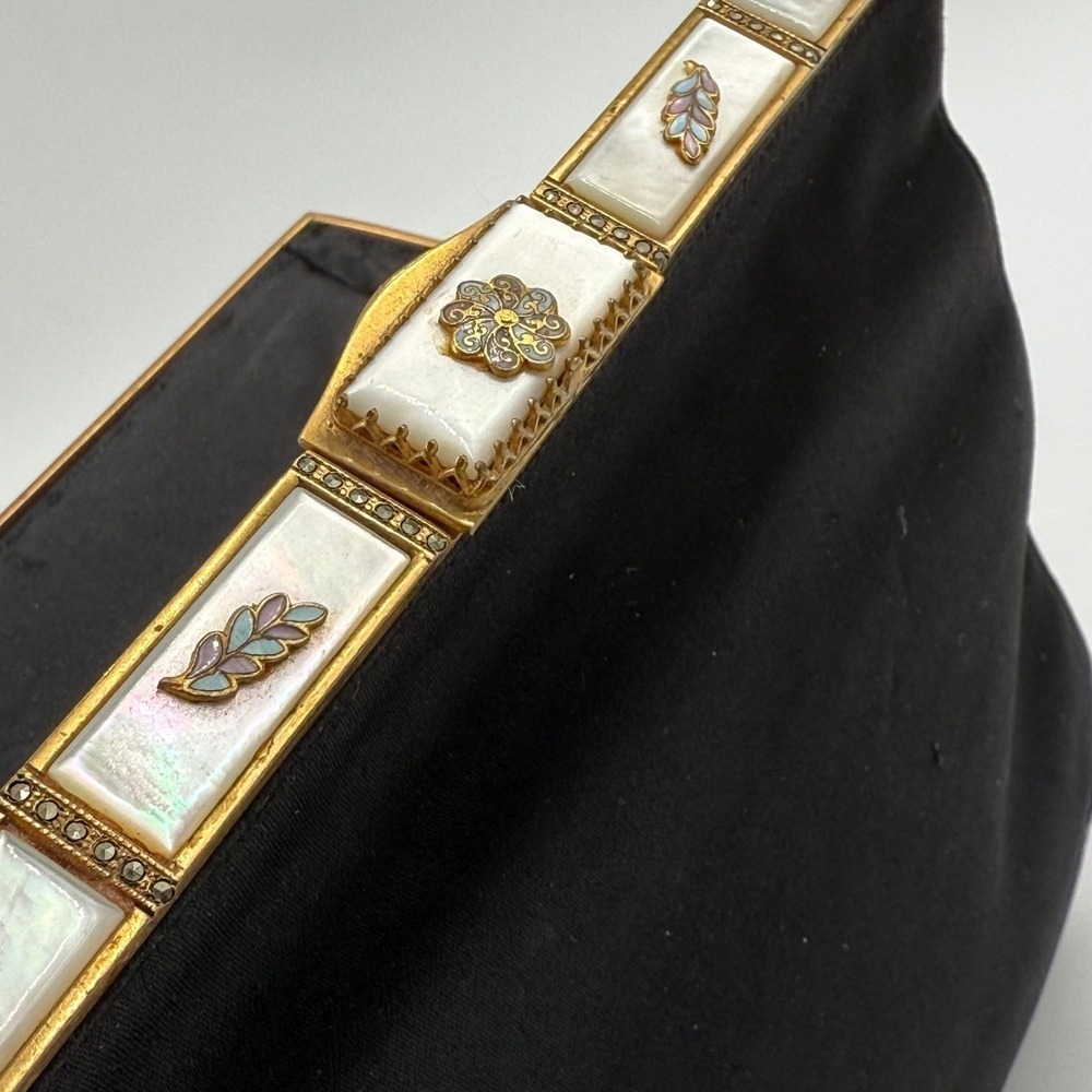 VTG Koret Black Satin Evening Bag Mother of Pearl Enamel Frame Gold‎ Tone Clutch